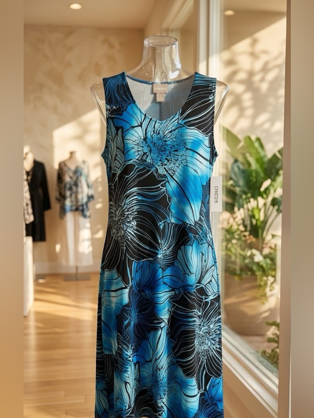 Chico's Blue & Black Floral Jersey Knit Swing Dress | Size 1 (8-10) — NWT